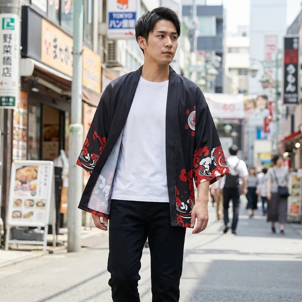 Man wearing a red haori in a Harajuku street in Tokyo, front view