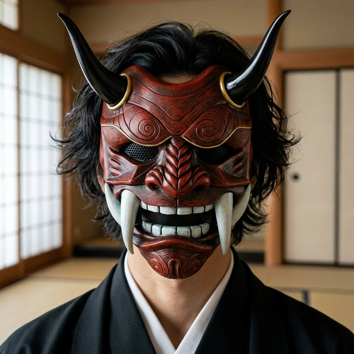 Japanese oni mask: close-up of the red full-face demon mask with black horns and ivory fangs, worn with a black kimono in a tatami room
