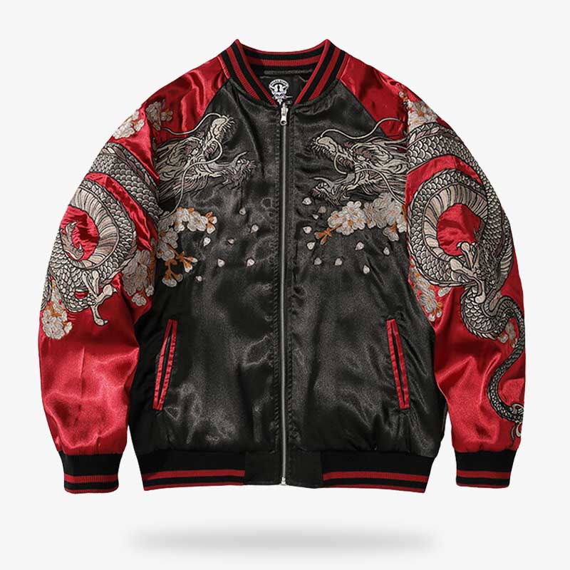 This sukajan jacket is a red Japanese bomber jacket with two dragon motis embroidered on the shoulders.