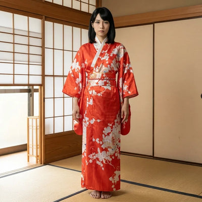 Red Japanese kimono dress with sensu fan motifs and obi-style waist