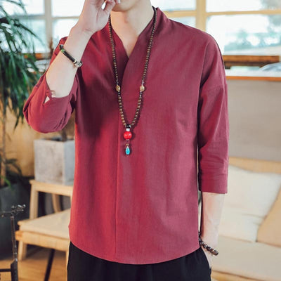 Men dressed with a red Japanese Shirt for a traditional and casual outfit