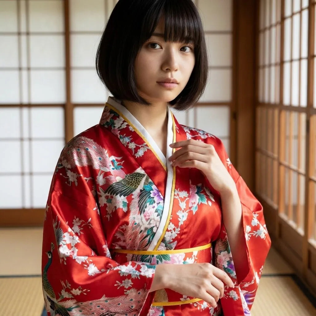 Flowing red kimono robe shown from the side with peacock pattern detail