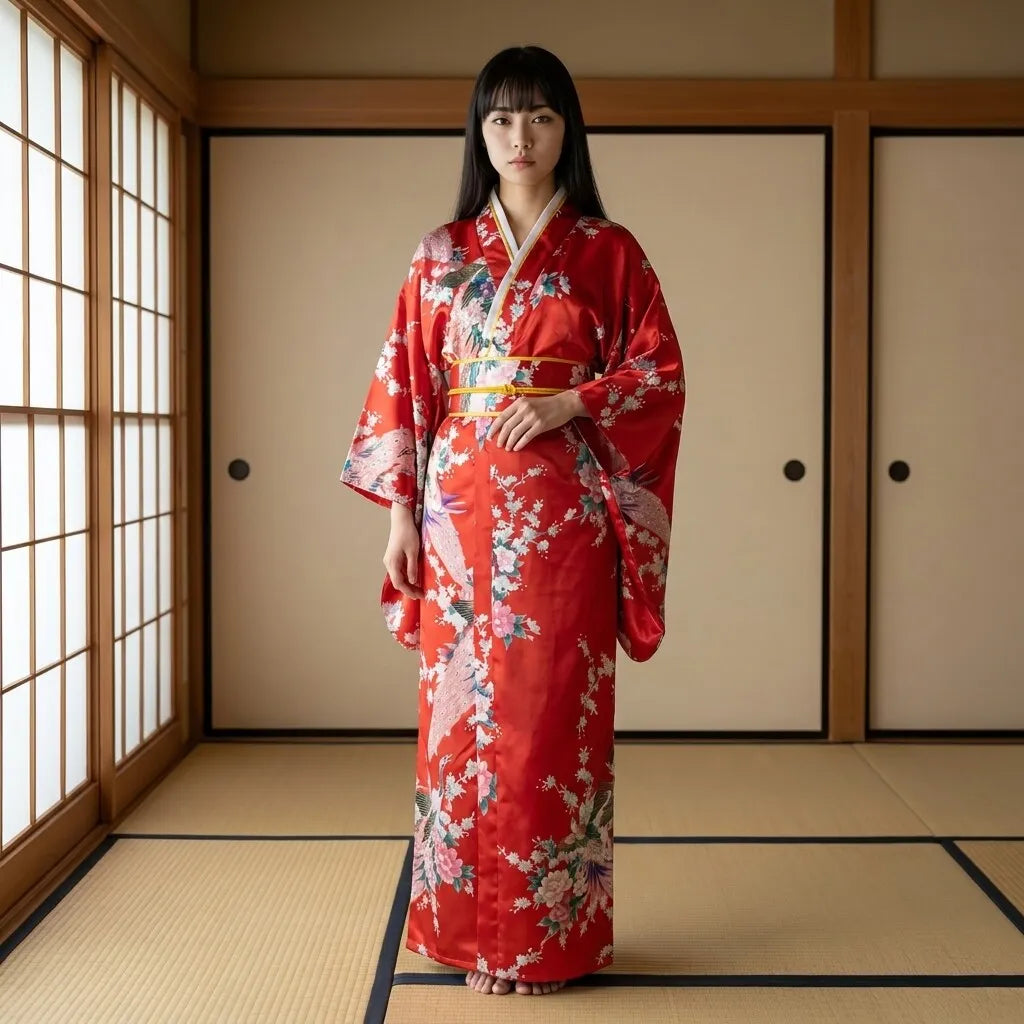 Red kimono dress for women with kurenai red base and peacock motif