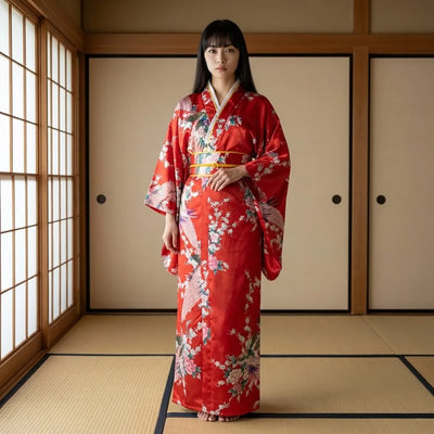 Red kimono dress for women with kurenai red base and peacock motif