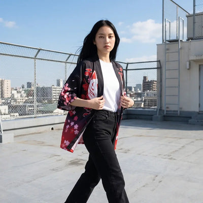 The red kitsune haori women can layer over jeans, seen on a city rooftop.