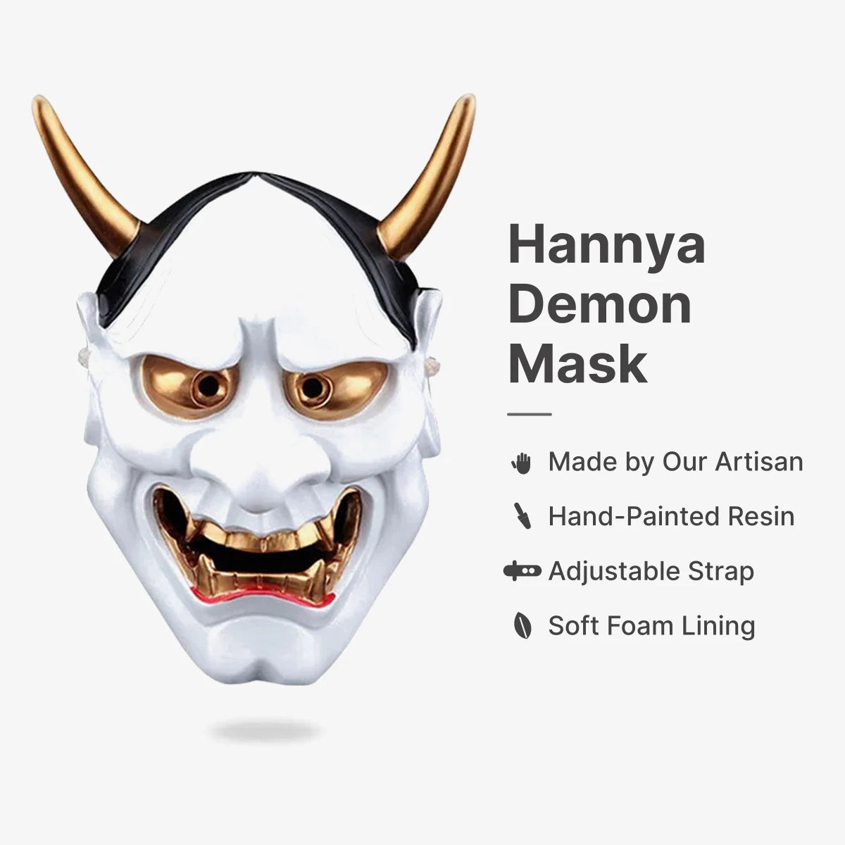 Oni Mask Hannya : Made by Our Artisan, Hand-Painted Resin, Adjustable Strap, Soft Foam Lining