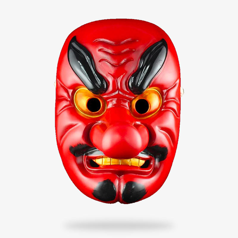 This red tengu mask symbolizes the face of a man with furrowed brows and a long nose.