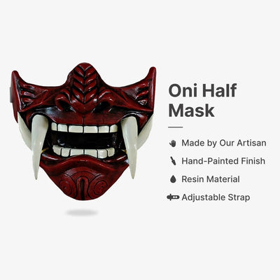 Oni Half Mask : Made by Our Artisan, Hand-Painted Finish, Resin Material, Adjustable Strap