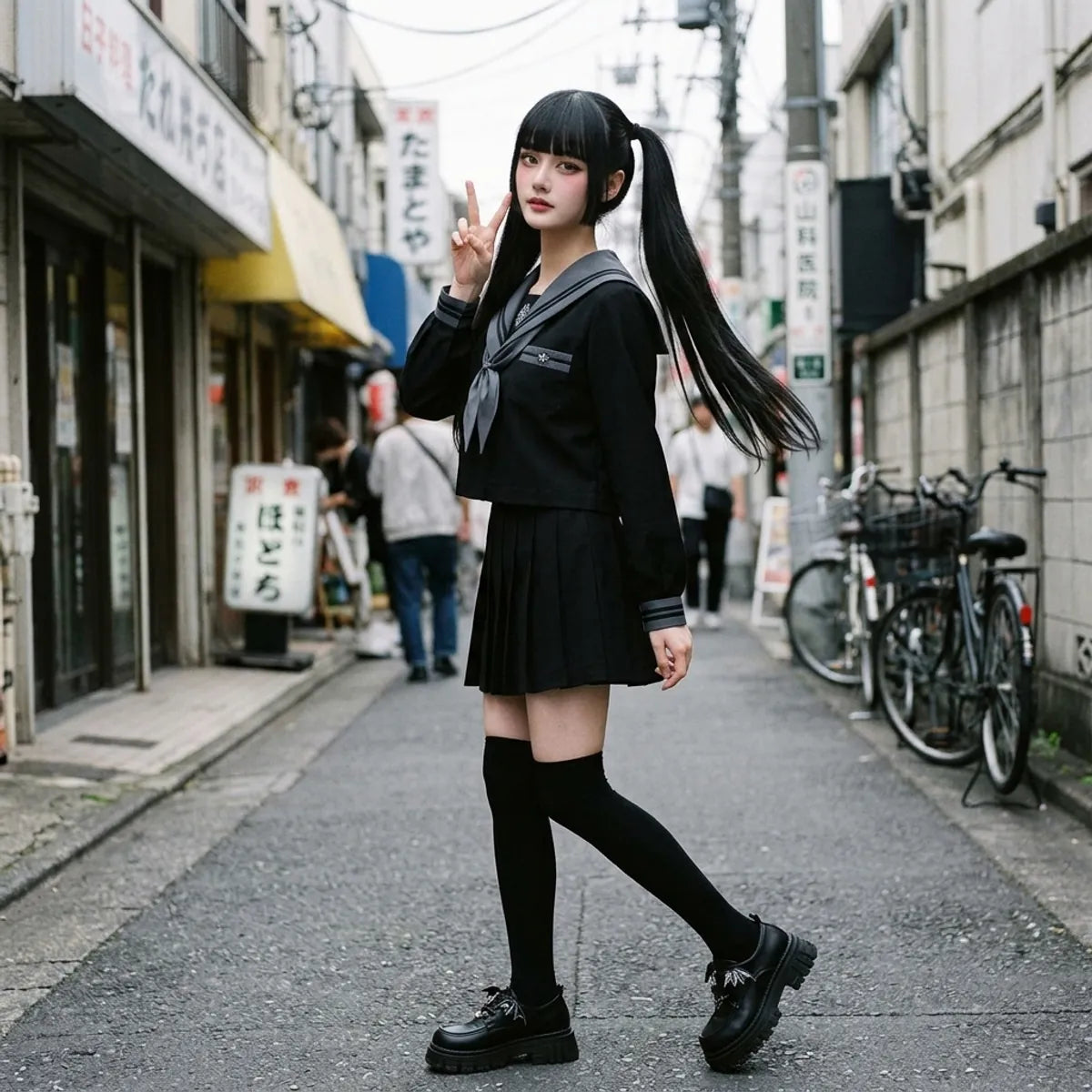 Sailor uniform in Harajuku caught mid-step, grey collar and black pleated skirt in movement