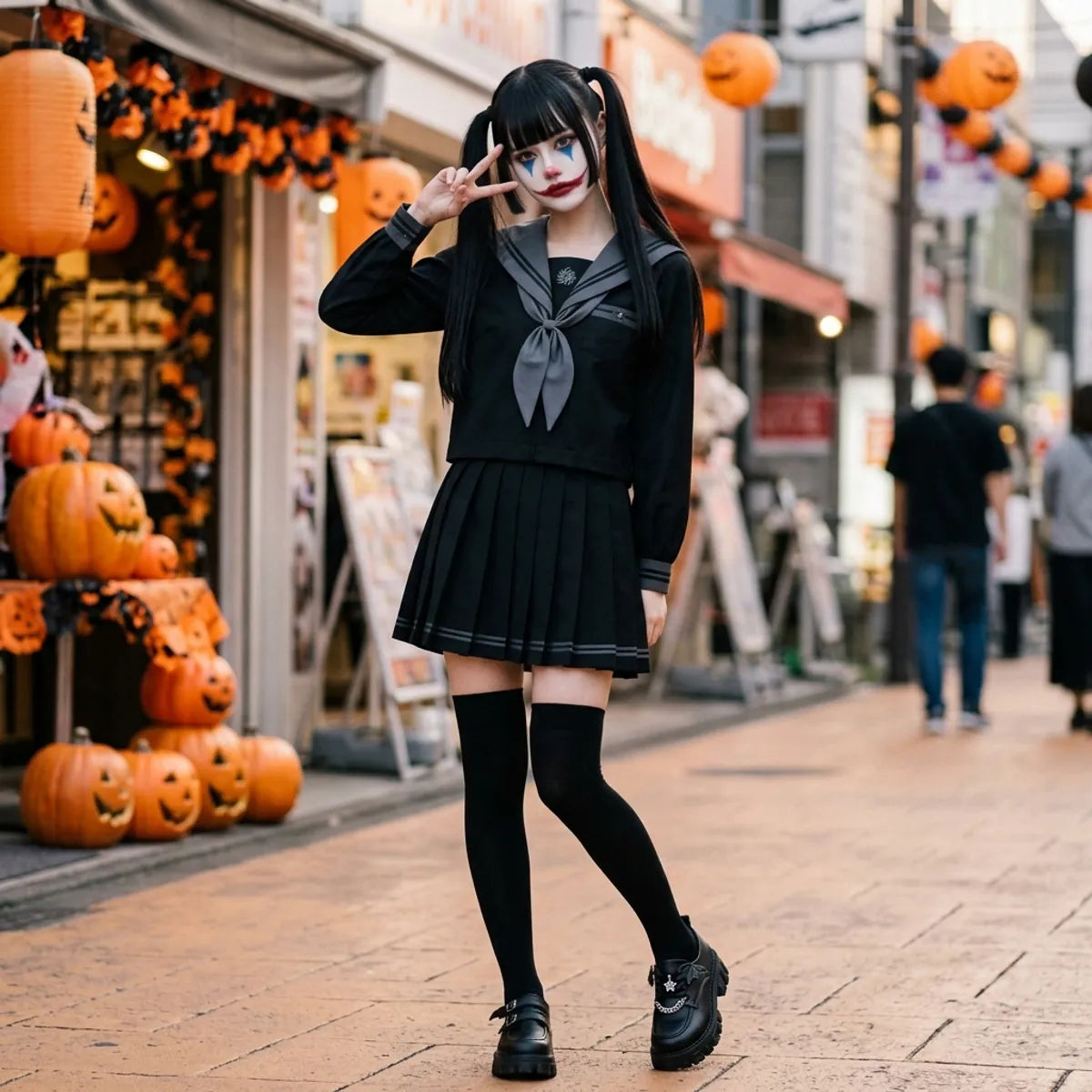 Sailor uniform Japanese worn for Halloween in Harajuku with Joker clown face paint