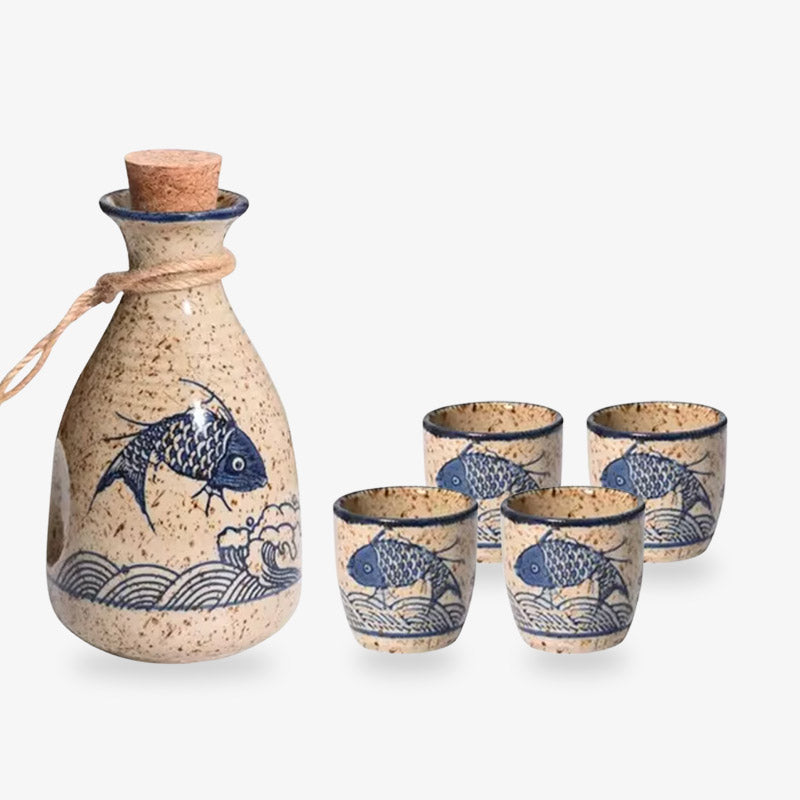 Sake drinking set crafted to provide an authentic Japanese sake experience, including 4 cups and a traditional serving bottle. Material is ceramic with japanese koi fish symbol