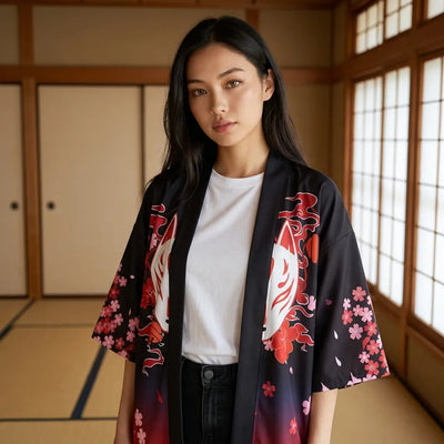 The sakura gradient haori jacket seen closer, the red fading up into the black ground.