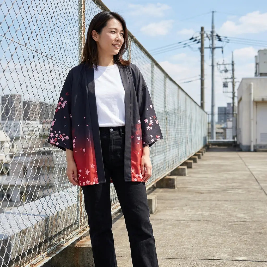 The sakura kimono cardigan women can layer over jeans, on a rooftop beside a wire fence.