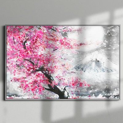 This Japanese sakura landscape painting is set on a grey wall.