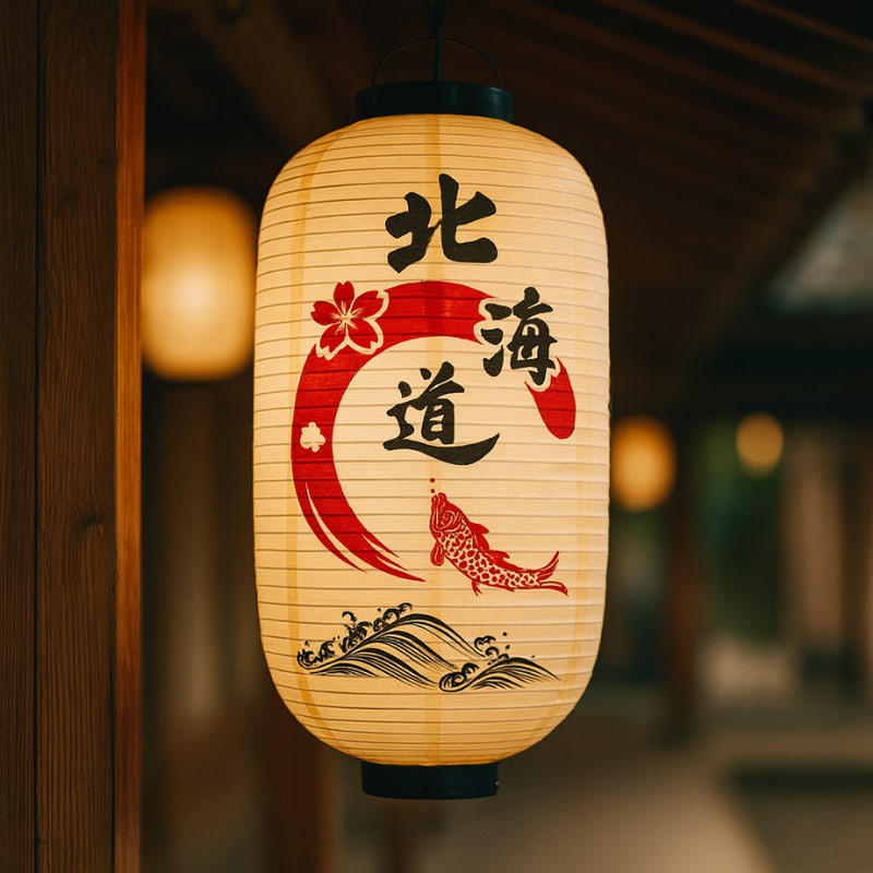 Traditional Sakura lanterns made with washi paper with decorative elements and text Kanji as the japanese wave, koi carp, and sakura flowers