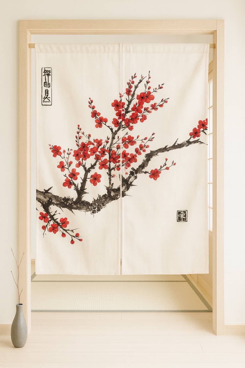 Decorative fabric sakura noren panel with cherry blossom design on a wooden frame