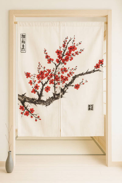 Decorative fabric sakura noren panel with cherry blossom design on a wooden frame