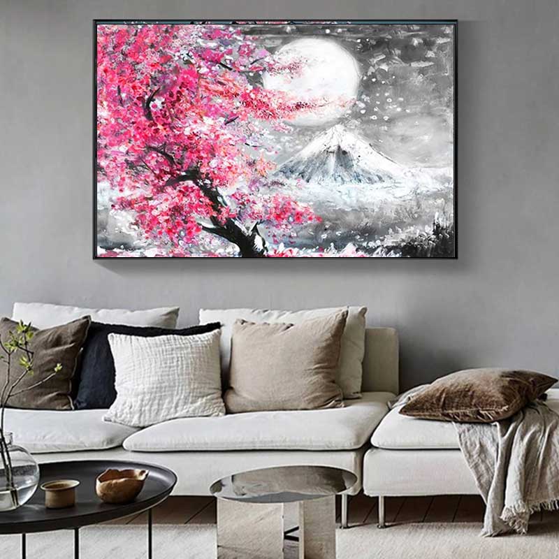 This Japanese sakura poster paint is on a wall in a living room with an armchair. The japanese painting represents mount fuji