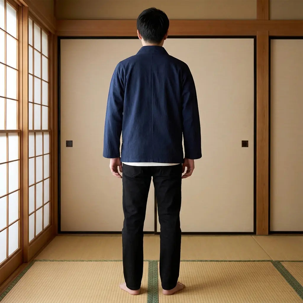 Back view of a samue japanese clothing in a washitsu room, showing the full back design