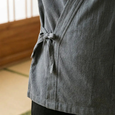 Close-up of the printed fabric and sleeve of a traditional japanese samue