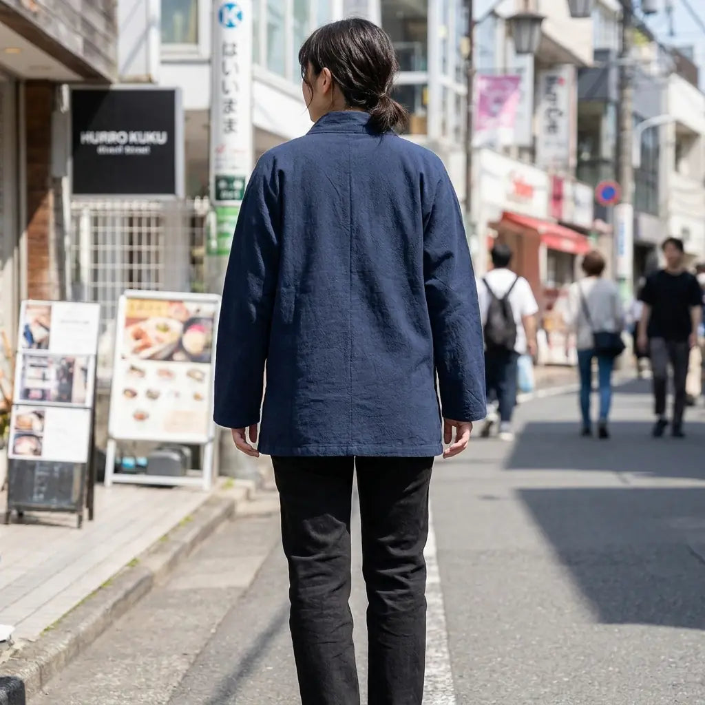 Woman seen from behind wearing a samue japanese clothing in a Harajuku street