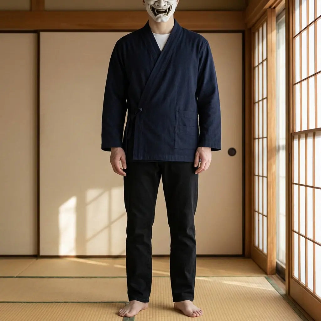Man wearing a samue japanese clothing in a traditional Japanese washitsu room, front view