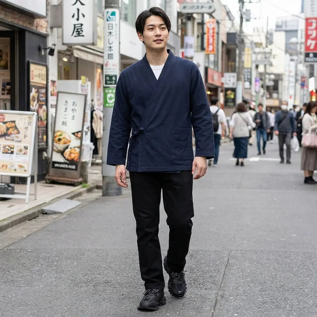 Man wearing a samue japanese clothing in a Harajuku street in Tokyo, front view