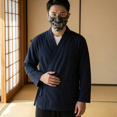Man wearing a samue japanese clothing in a Japanese washitsu room with shoji screens, waist-up front view