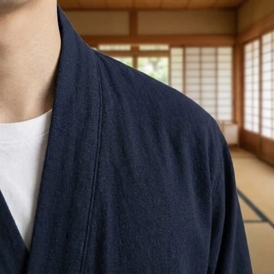 Close-up of the printed fabric and sleeve of a samue japanese clothing