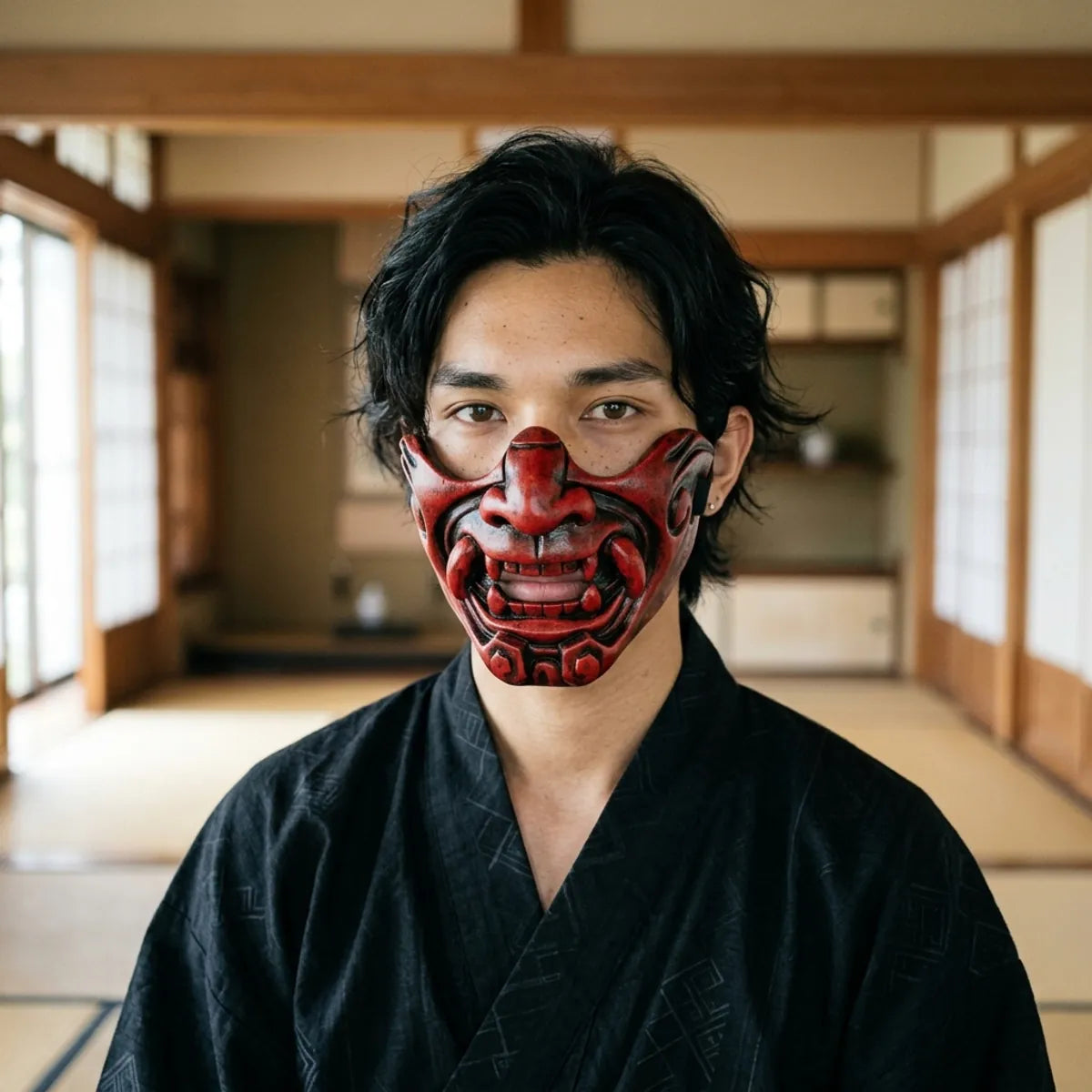 Front view of the red oni mempo mask showing its snarling black-painted mouth, white fangs and curved black-tipped tusks.