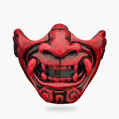 Th samurai armor mask is a half demon face. The oni mask is a samurai mask. Color painting is red and material is fiberglass
