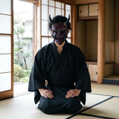 Eggplant-purple Oni mask at rest, showing the snarling fanged mouth, pointed chin and flared ear-like side panels.