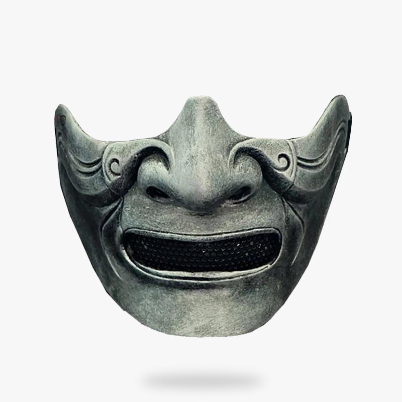 This samurai half  mask is a half Yurei ghost face. It is a sculture of a Japanese spirit. The japanese samurai mask is made with fiberglass material. Color painting is grey