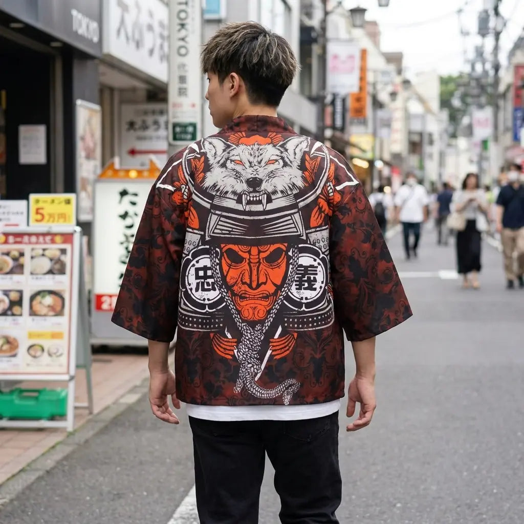 Back view of a samurai jacket worn in a Harajuku street, showing the full print
