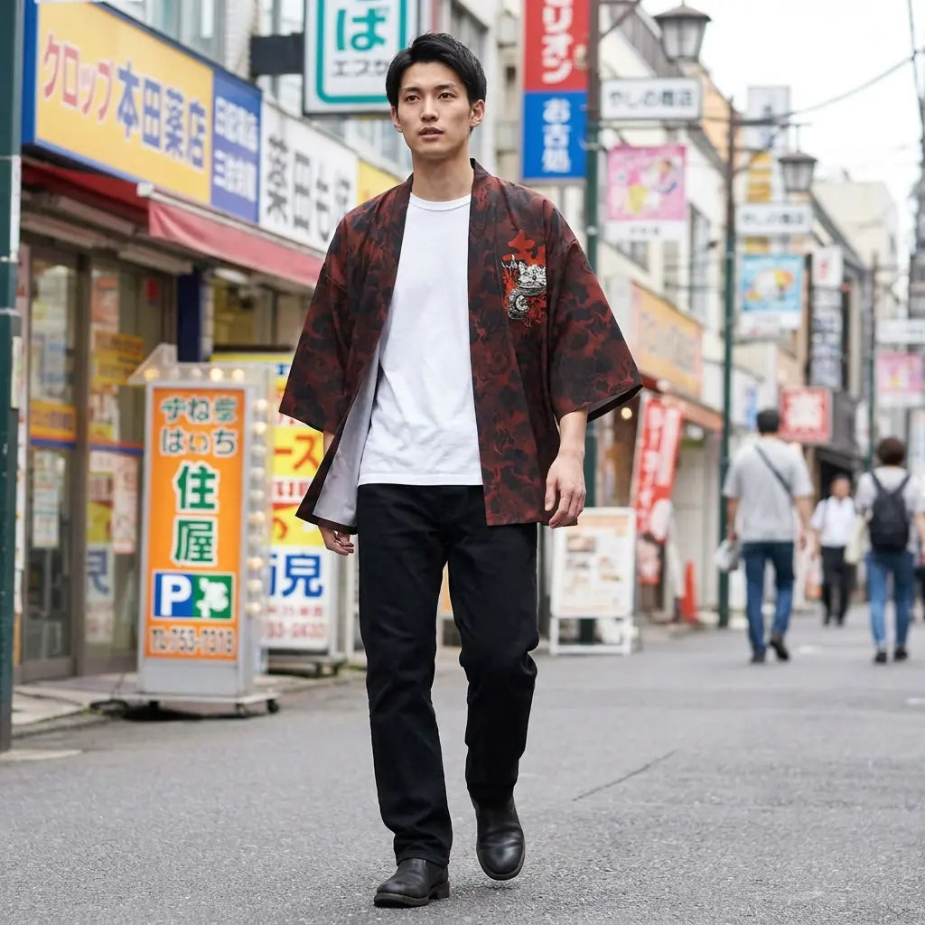 Man wearing a samurai jacket in a Harajuku street in Tokyo, front view