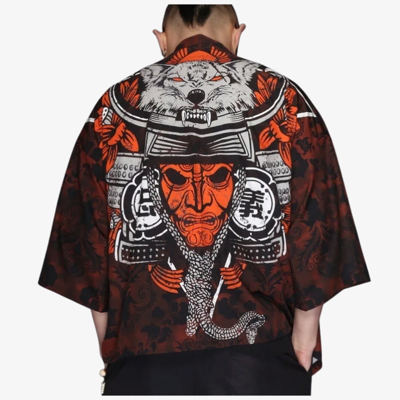 A man wears a Traditional samurai jacket Japanese kimono with intricate mempo mask designs on a white background