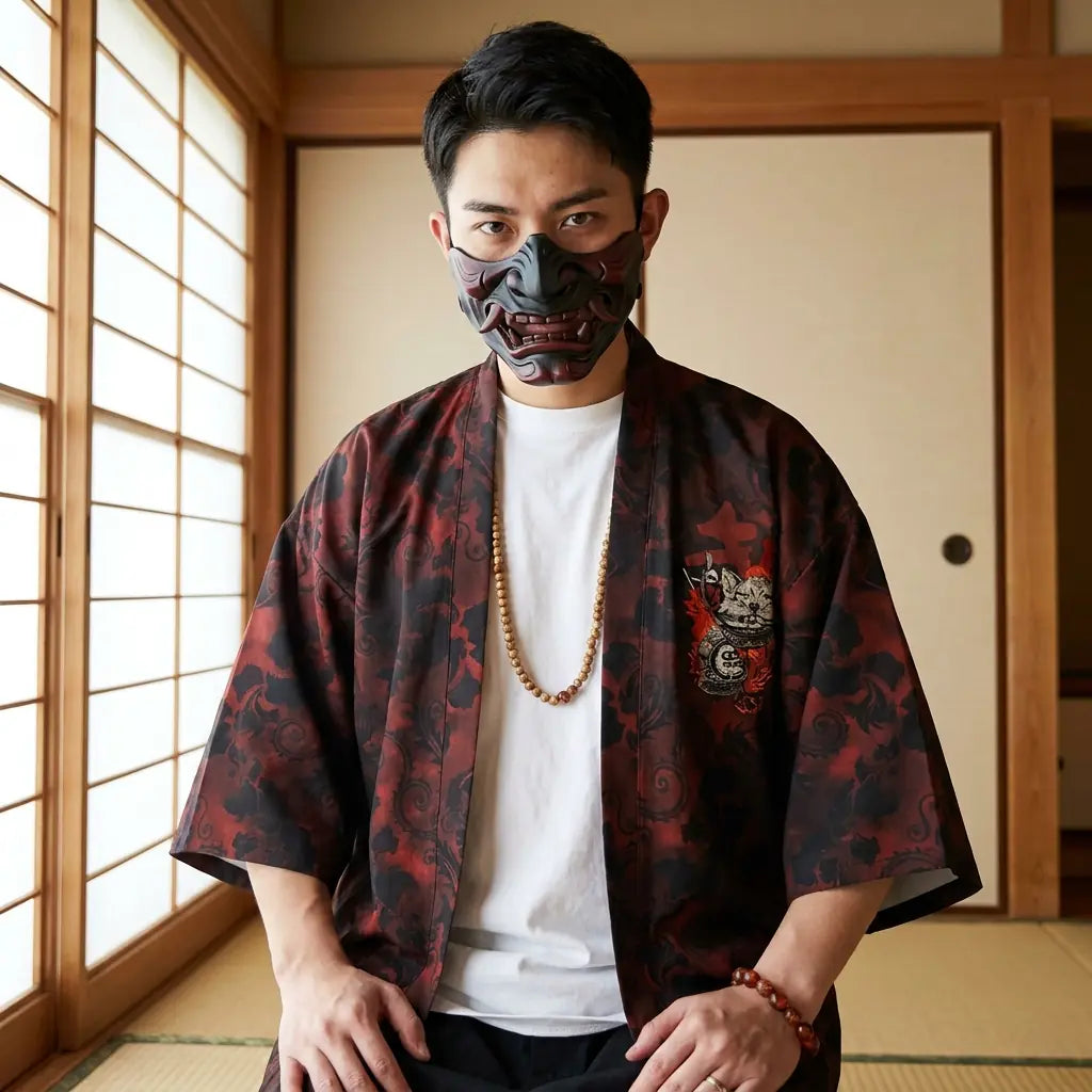 Man wearing a samurai jacket in a Japanese washitsu room with shoji screens, waist-up front view