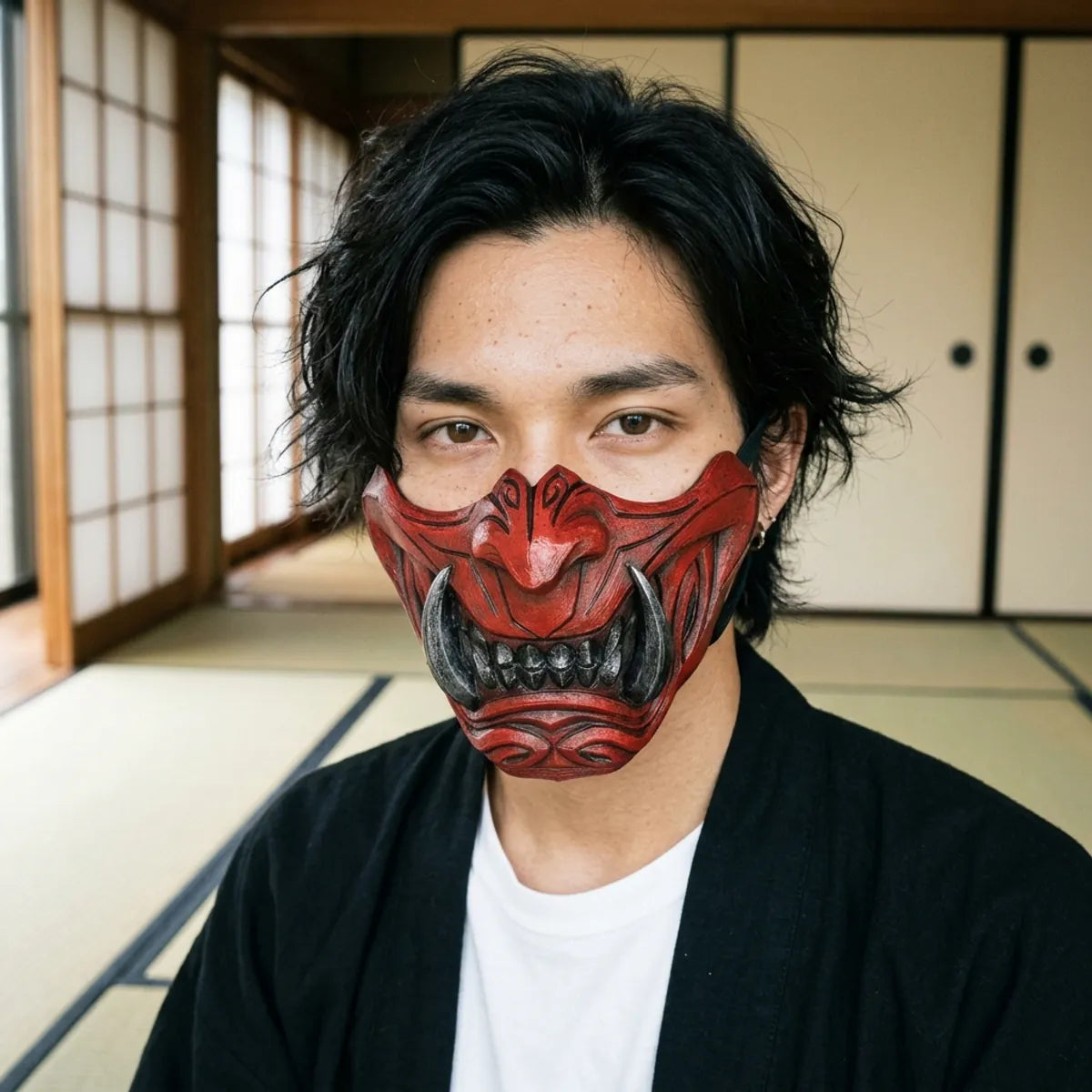 Samurai mask demon: close-up of the red oni half mask worn in a Japanese tatami room, silver fangs under calm dark eyes
