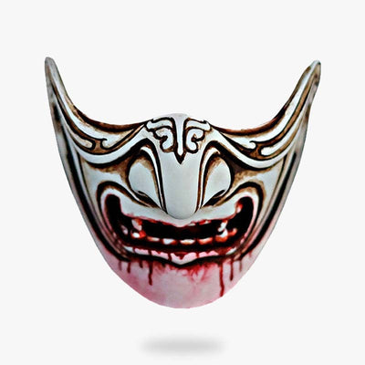 The samurai mask is a samurai accessory. The mempo mask is white with blood. It's a half-face of the Japanese demon Oni.