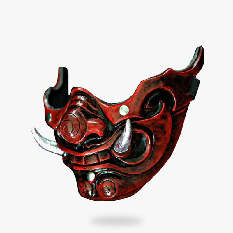 the samurai menpo half mask is red painted. It s half face of A japanse oni demon from shinto myth. Material mask is Fiberglass