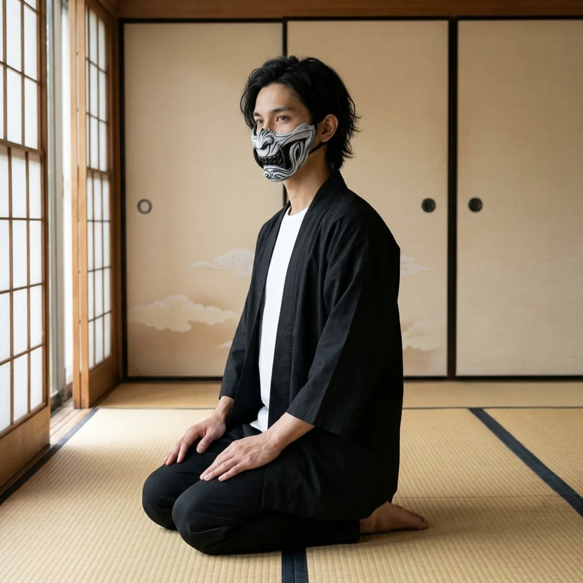 Samurai menpo oni mask seen in profile, the carved cheek lines, worn while kneeling on tatami