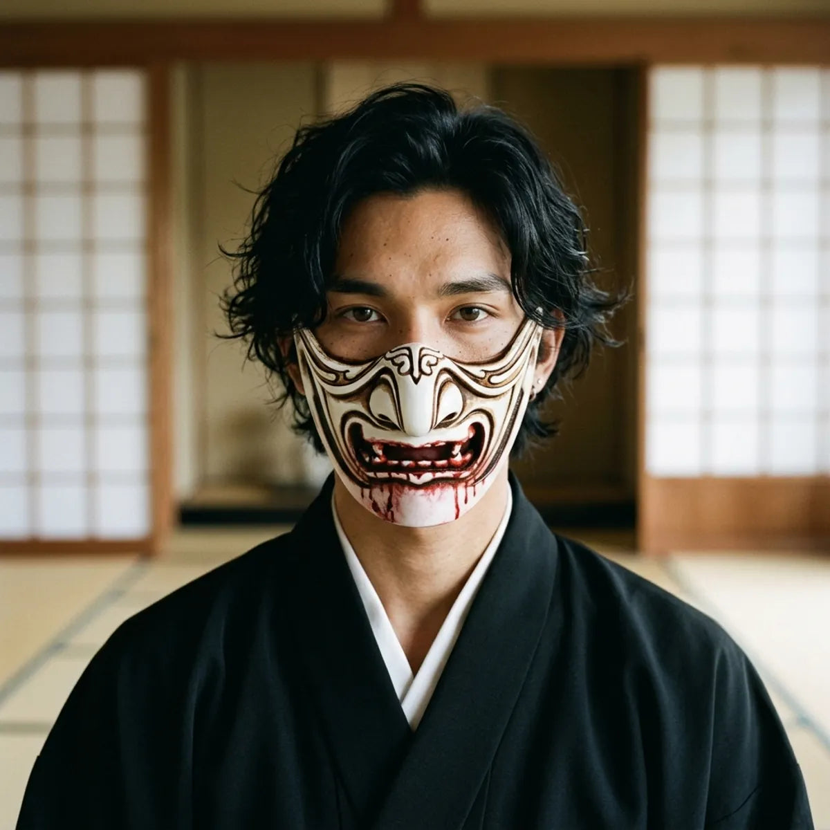 Front view of the ivory-white oni mempo mask with brown and gold scrollwork, hollow eye sockets, and sharp white fangs dripping with painted blood.