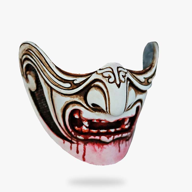 Buy white samurai oni mask fpr sale with fake blood. This is a Japanese Oni demon face.
