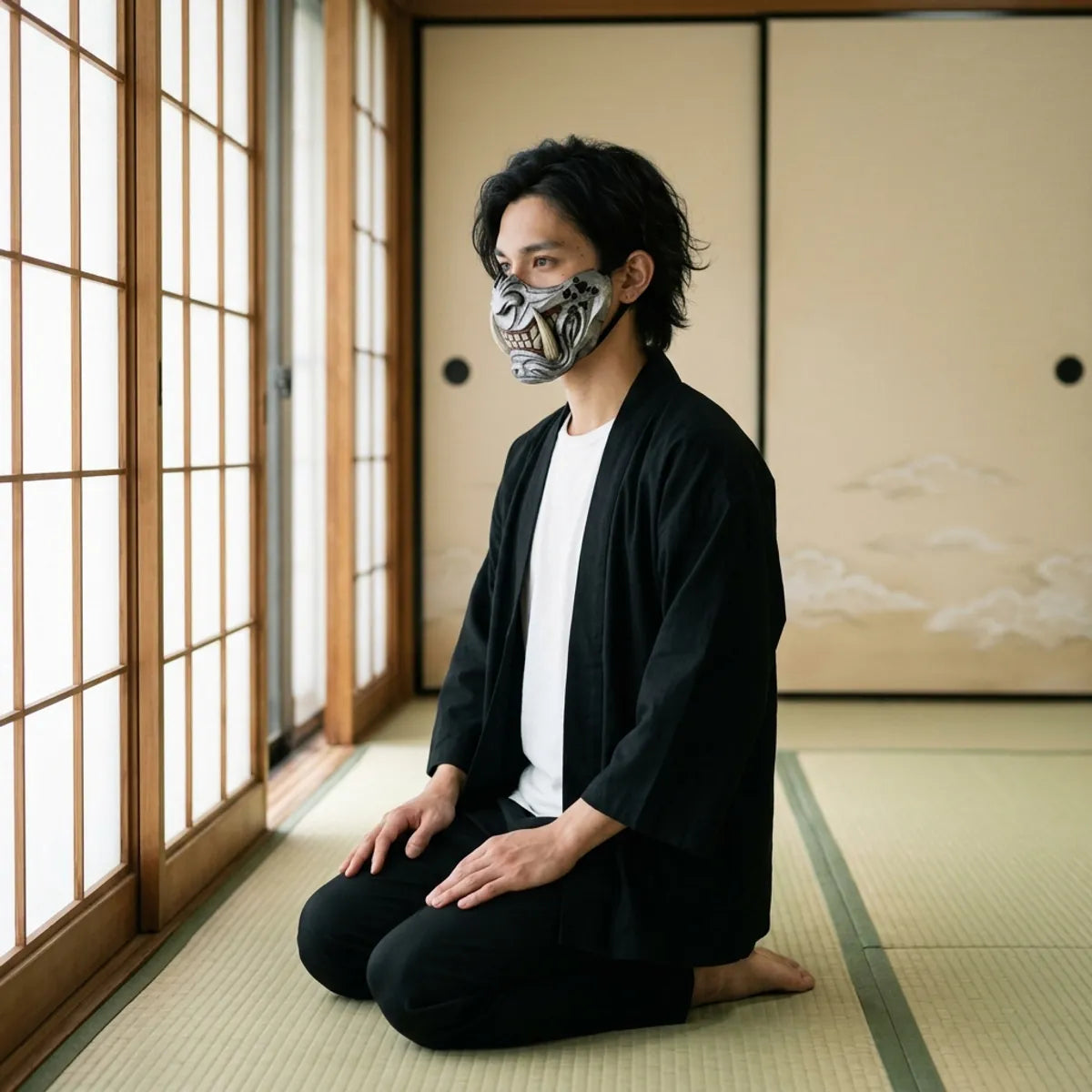 Samurai oni mask seen in profile, the carved cheek and ivory fang, worn while kneeling on tatami