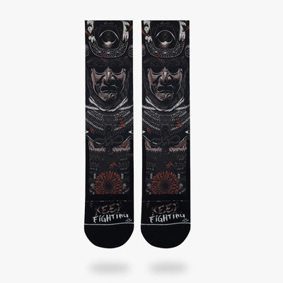 Samurai Socks with a japanese warrio printed on cotton material. Japanese warrior with a mask and a helmet