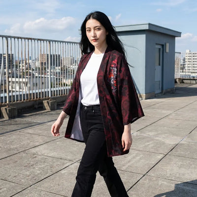 The samurai wolf haori seen on a city rooftop, the print covering the sleeves and the back.