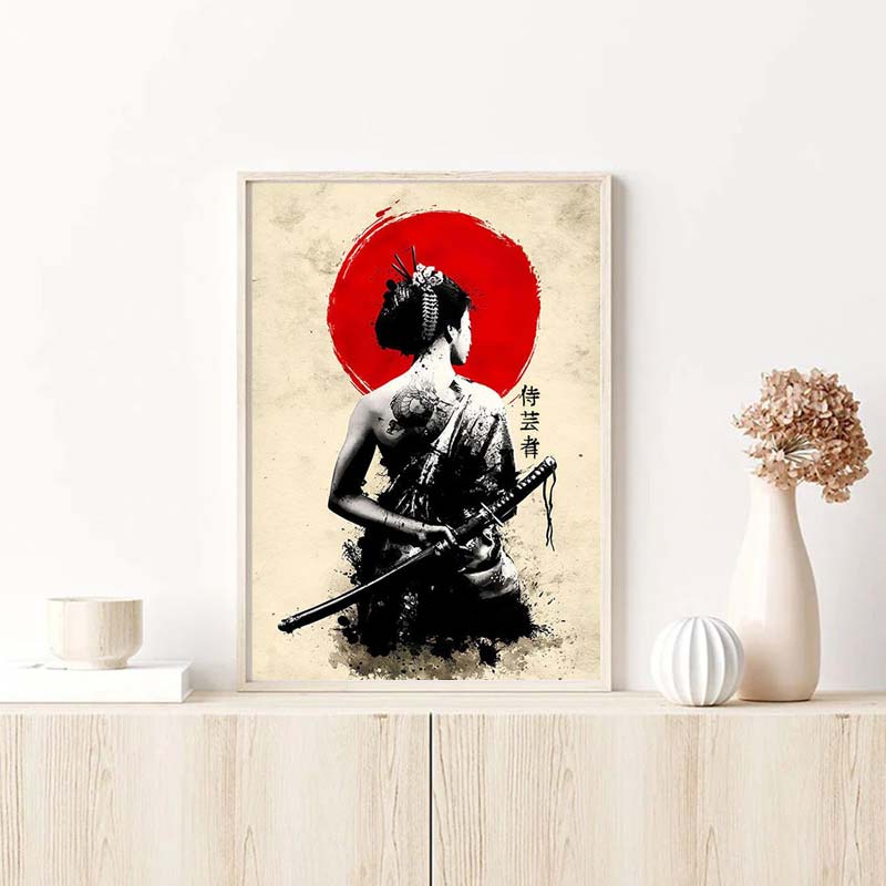 This samurai woman painting is a cotton canvas with a geisha woman holding a katana sword.