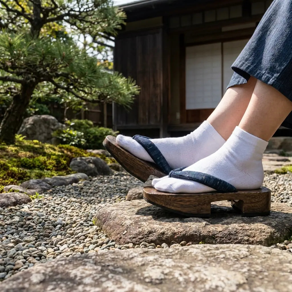 Sandal Japanese Man in dark-stained wood geta with indigo hanao straps, front view in Japanese garden