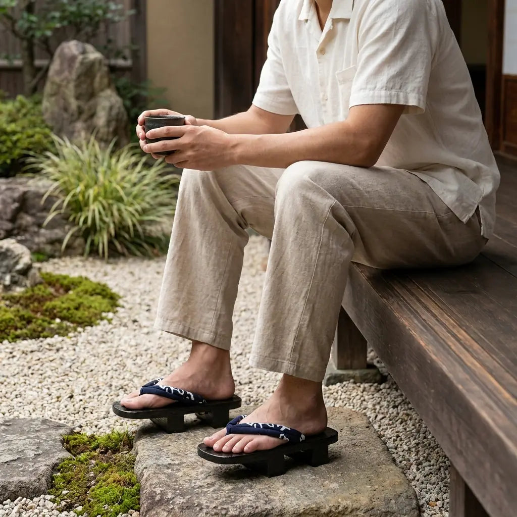 Sandal Japanese Man worn with white tabi socks on garden stone path