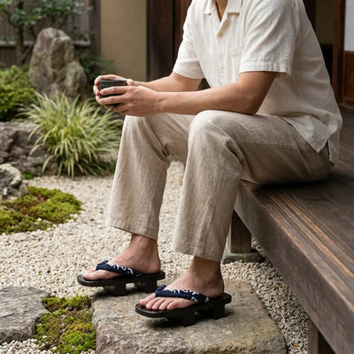 Sandal Japanese Man worn with white tabi socks on garden stone path
